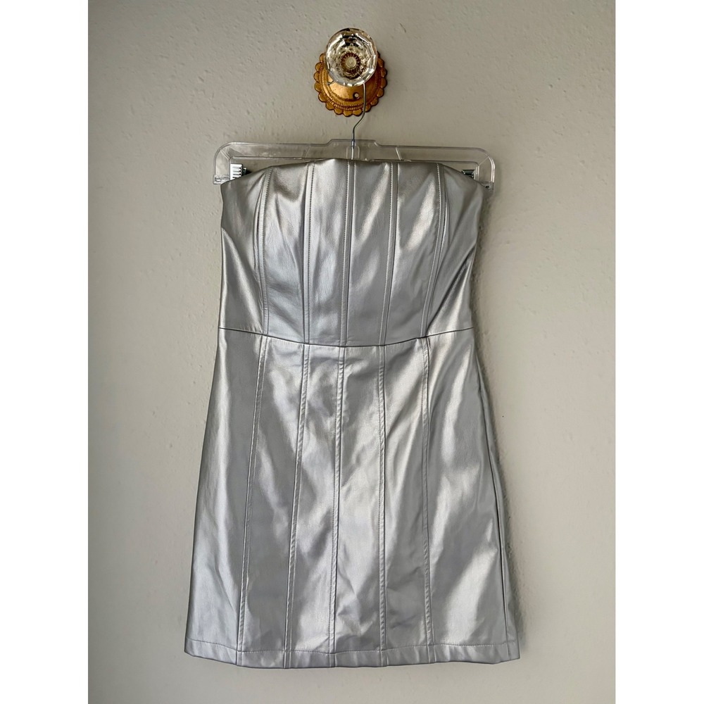En Saison Metallic Silver Faux Leather Strapless Corset Mini Dress Womens Medium